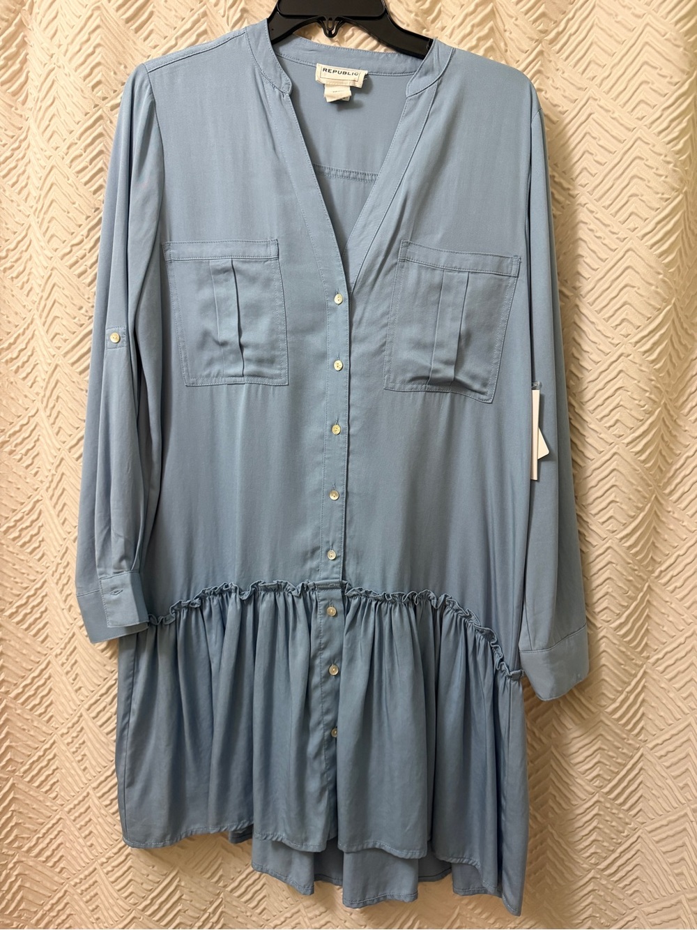 Sanctuary Powder Blue Long-Sleeve Button Front Ruffle Hem Dress